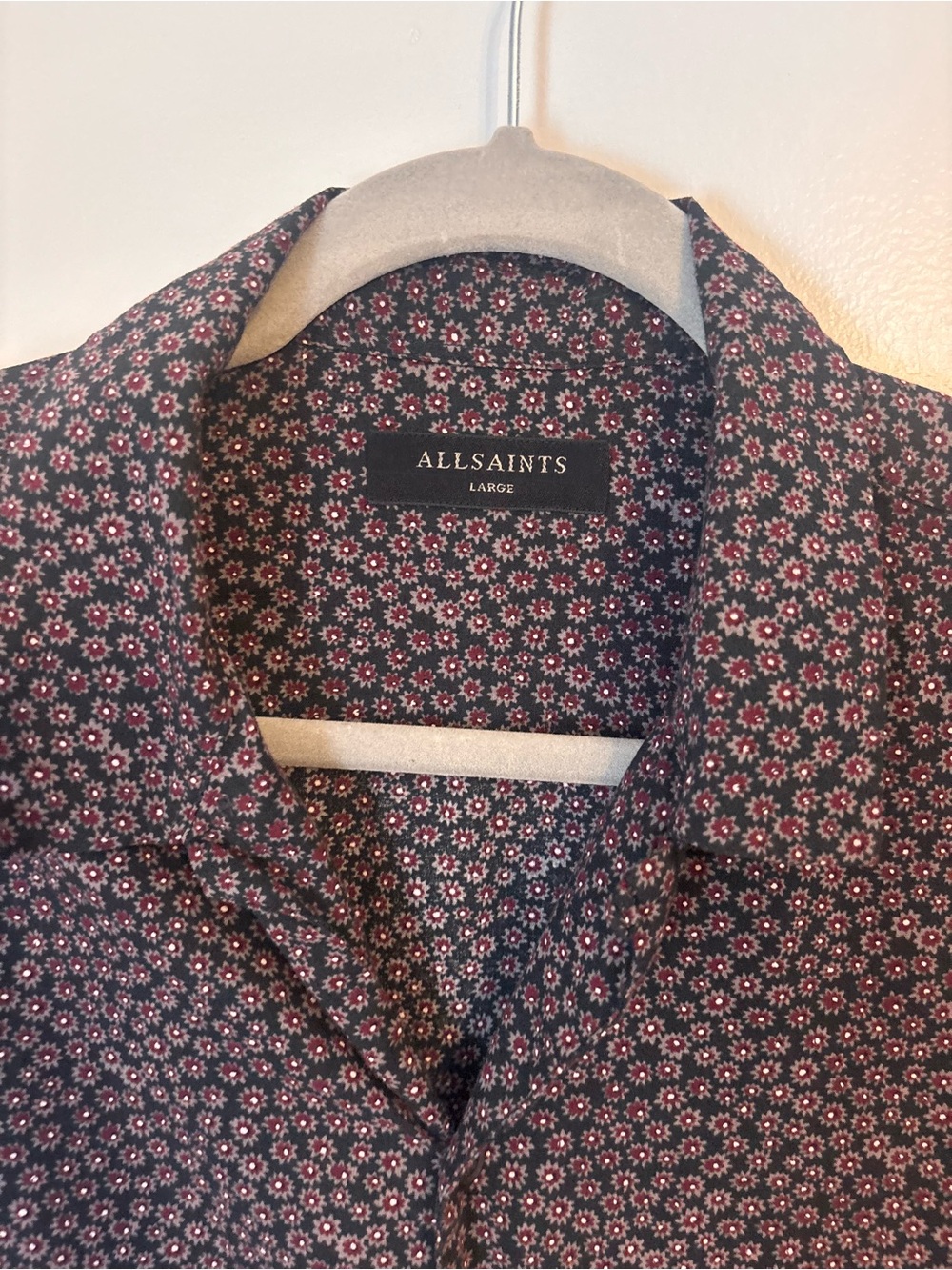 All Saints Short-Sleeve Button-Up Shirt in Black with Burgundy Pattern